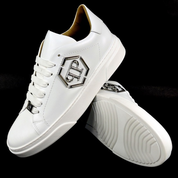 PHILIPP PLEIN 🇮🇹 MEN'S FASHION WHITE LEATHER COMFORT SNEAKERS - Picture 5 of 7